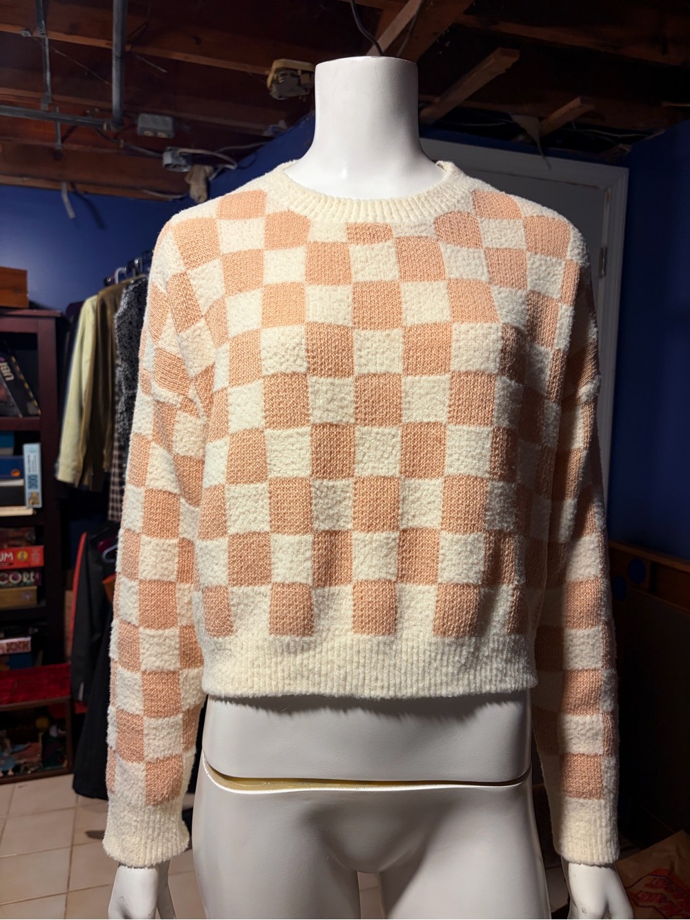 Debut Cozy Checkerboard Crewneck Sweater in Cream and Caramel Size Medium